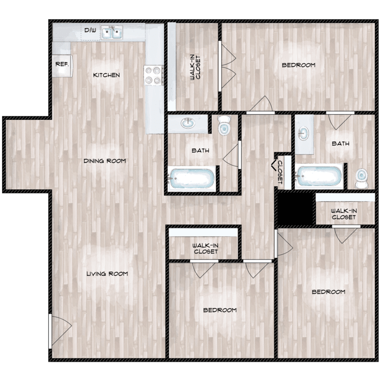 Floor plan for 3 beds, 2 baths, 1350 sqft